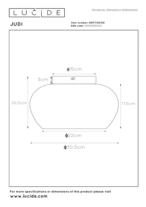 Lucide JUDI - Flush ceiling light - Ø 30,5 cm - 1xE27 - Smoke Grey - technical
